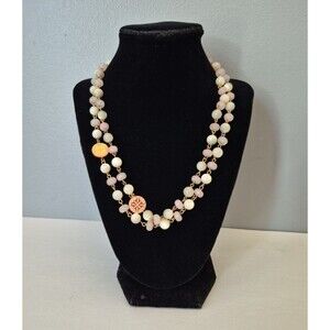 Rustic Cuff Double Strand White Pink Beads Gold Accent Logo Medallion Necklace